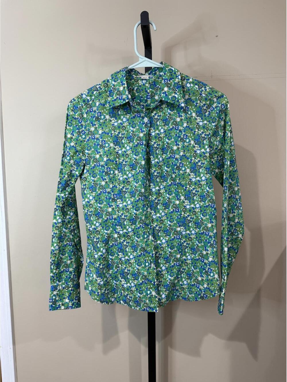 Women's J.Crew 0 Green Long Sleeve Floral Print Shirt - Picture 2 of 10